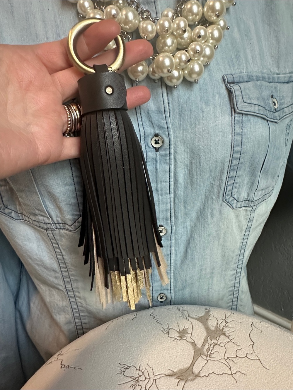 Jumbo tassel black gold tan bag charm - Picture 4 of 5